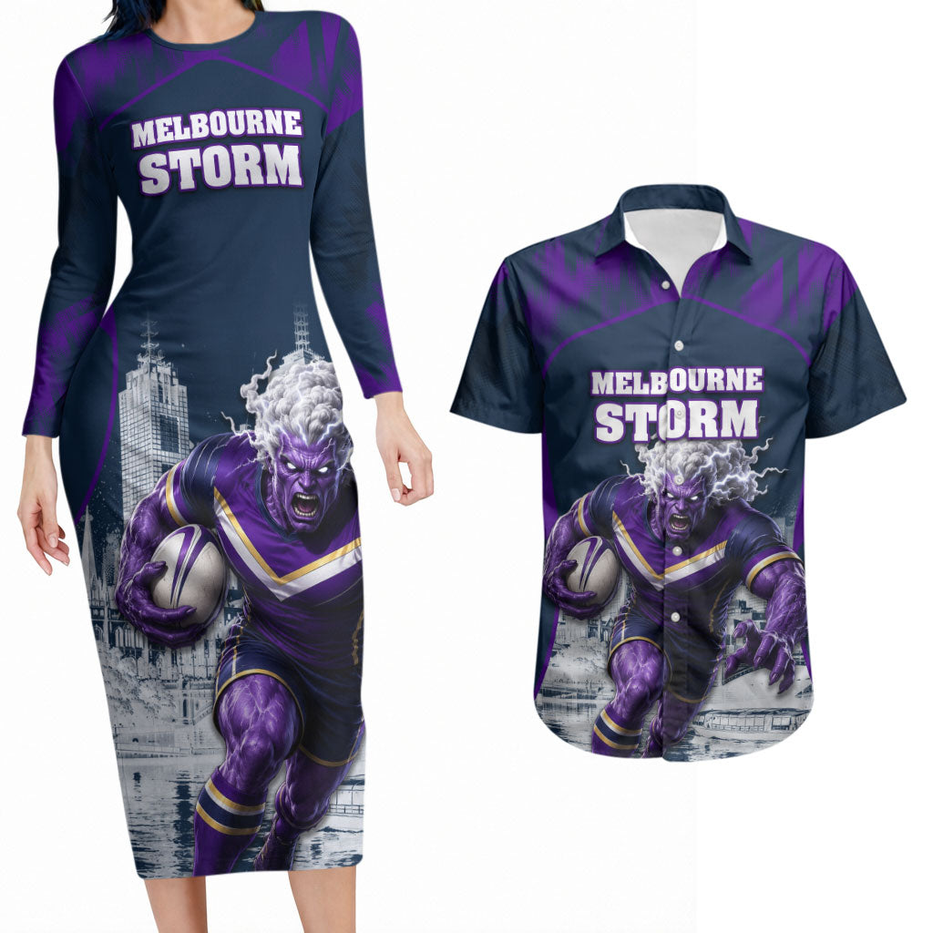 Personalised Sharks Rugby Couples Matching Long Sleeve Bodycon Dress and Hawaiian Shirt Storm Monster Mascot City Skyline 3D Graphic