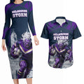 Personalised Sharks Rugby Couples Matching Long Sleeve Bodycon Dress and Hawaiian Shirt Storm Monster Mascot City Skyline 3D Graphic