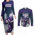 Personalised Sharks Rugby Couples Matching Long Sleeve Bodycon Dress and Long Sleeve Button Shirt Storm Monster Mascot City Skyline 3D Graphic