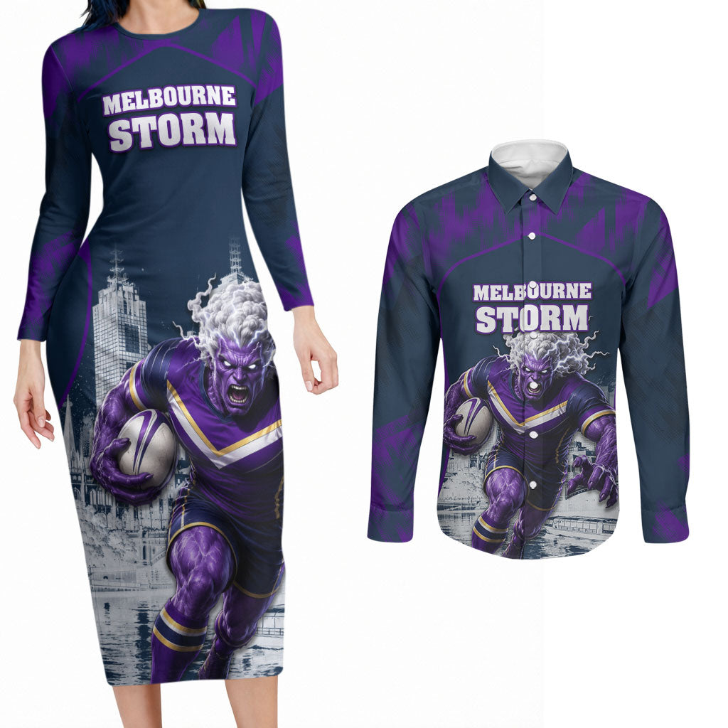 Personalised Sharks Rugby Couples Matching Long Sleeve Bodycon Dress and Long Sleeve Button Shirt Storm Monster Mascot City Skyline 3D Graphic