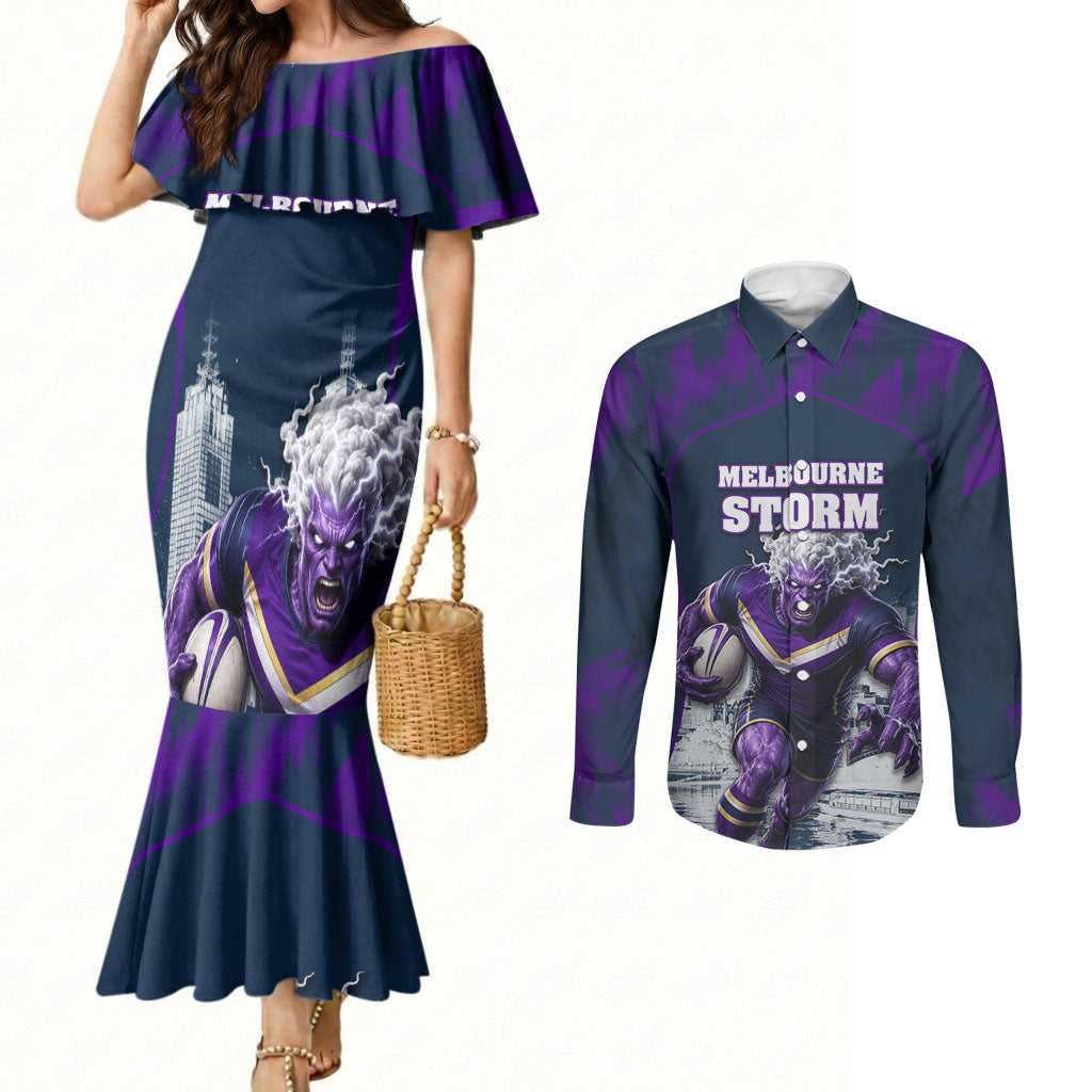 Personalised Sharks Rugby Couples Matching Mermaid Dress and Long Sleeve Button Shirt Storm Monster Mascot City Skyline 3D Graphic