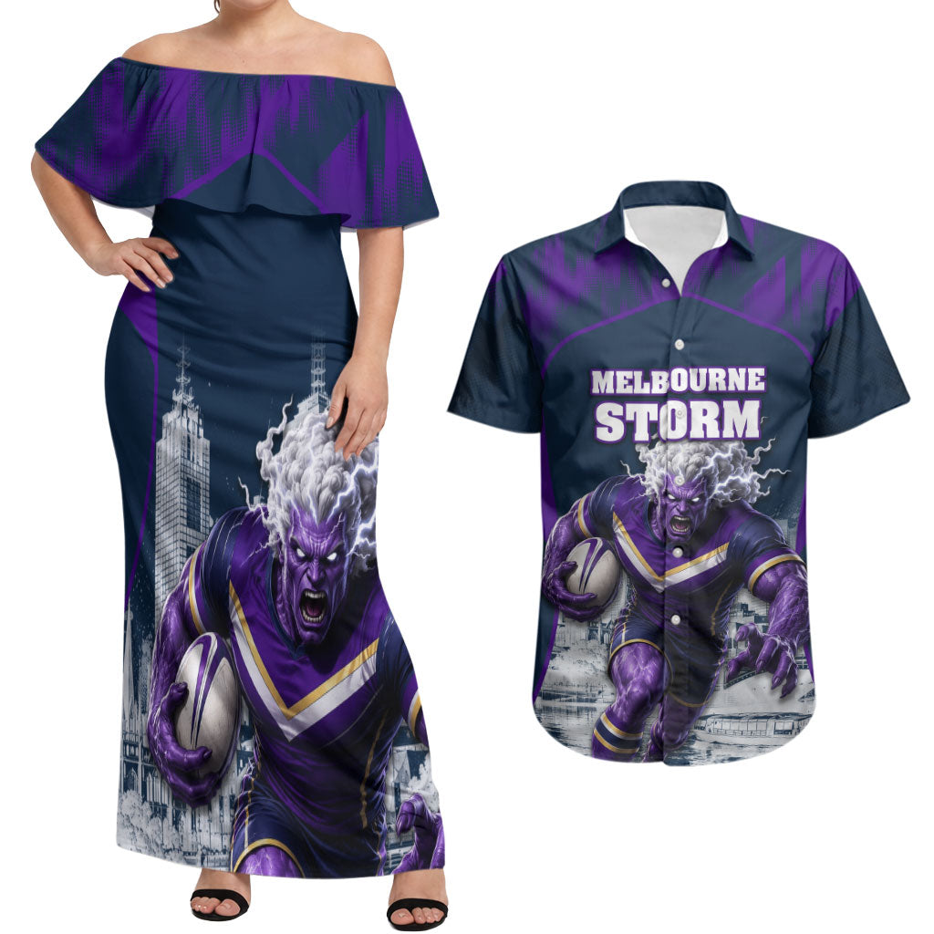 Personalised Sharks Rugby Couples Matching Off Shoulder Maxi Dress and Hawaiian Shirt Storm Monster Mascot City Skyline 3D Graphic