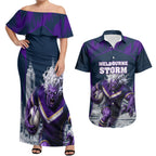 Personalised Sharks Rugby Couples Matching Off Shoulder Maxi Dress and Hawaiian Shirt Storm Monster Mascot City Skyline 3D Graphic