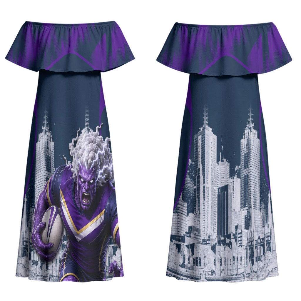 Personalised Sharks Rugby Couples Matching Off Shoulder Maxi Dress and Hawaiian Shirt Storm Monster Mascot City Skyline 3D Graphic
