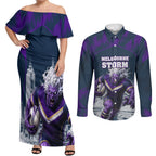 Personalised Sharks Rugby Couples Matching Off Shoulder Maxi Dress and Long Sleeve Button Shirt Storm Monster Mascot City Skyline 3D Graphic