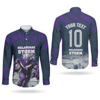 Personalised Sharks Rugby Couples Matching Off Shoulder Maxi Dress and Long Sleeve Button Shirt Storm Monster Mascot City Skyline 3D Graphic