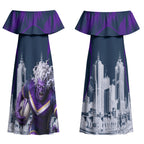 Personalised Sharks Rugby Couples Matching Off Shoulder Maxi Dress and Long Sleeve Button Shirt Storm Monster Mascot City Skyline 3D Graphic