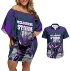 Personalised Sharks Rugby Couples Matching Off Shoulder Short Dress and Hawaiian Shirt Storm Monster Mascot City Skyline 3D Graphic
