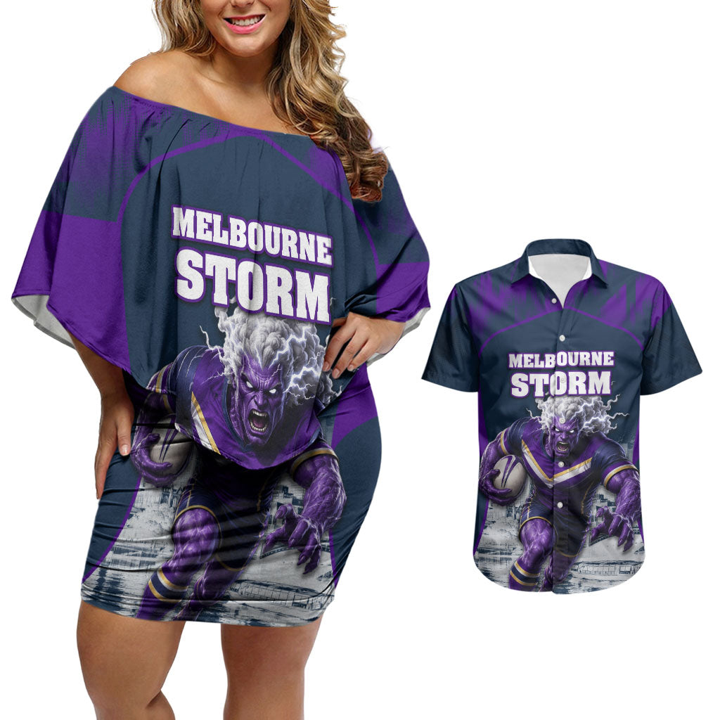 Personalised Sharks Rugby Couples Matching Off Shoulder Short Dress and Hawaiian Shirt Storm Monster Mascot City Skyline 3D Graphic