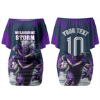 Personalised Sharks Rugby Couples Matching Off Shoulder Short Dress and Hawaiian Shirt Storm Monster Mascot City Skyline 3D Graphic