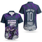 Personalised Sharks Rugby Couples Matching Off Shoulder Short Dress and Hawaiian Shirt Storm Monster Mascot City Skyline 3D Graphic