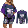 Personalised Sharks Rugby Couples Matching Off Shoulder Short Dress and Long Sleeve Button Shirt Storm Monster Mascot City Skyline 3D Graphic