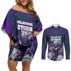 Personalised Sharks Rugby Couples Matching Off Shoulder Short Dress and Long Sleeve Button Shirt Storm Monster Mascot City Skyline 3D Graphic