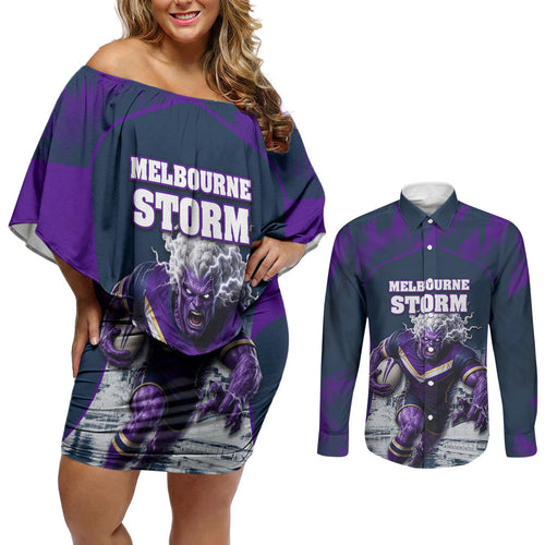 Personalised Sharks Rugby Couples Matching Off Shoulder Short Dress and Long Sleeve Button Shirt Storm Monster Mascot City Skyline 3D Graphic