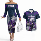 Personalised Sharks Rugby Couples Matching Off The Shoulder Long Sleeve Dress and Hawaiian Shirt Storm Monster Mascot City Skyline 3D Graphic