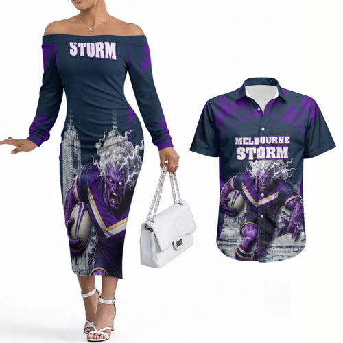 Personalised Sharks Rugby Couples Matching Off The Shoulder Long Sleeve Dress and Hawaiian Shirt Storm Monster Mascot City Skyline 3D Graphic