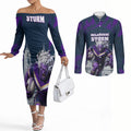 Personalised Sharks Rugby Couples Matching Off The Shoulder Long Sleeve Dress and Long Sleeve Button Shirt Storm Monster Mascot City Skyline 3D Graphic