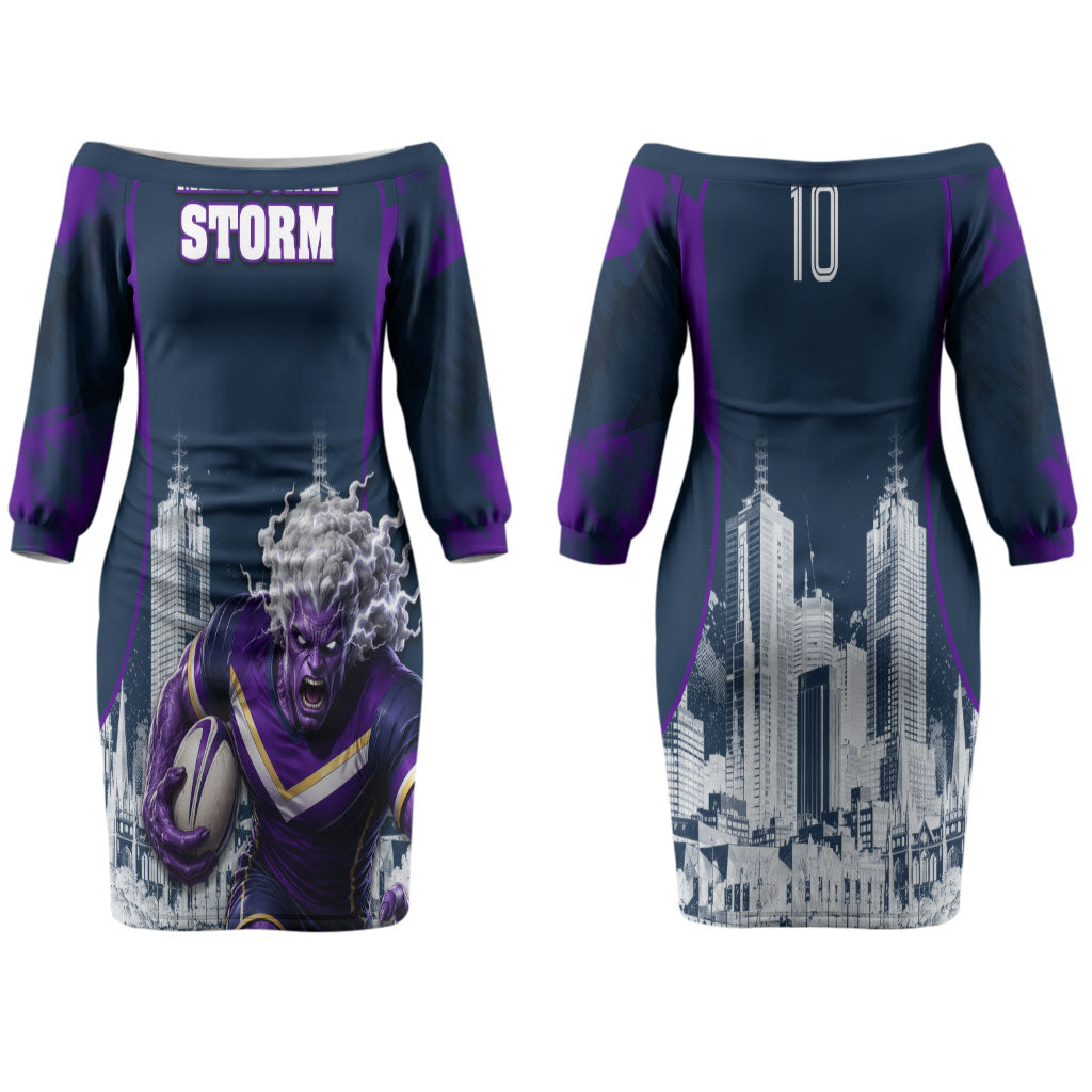 Personalised Sharks Rugby Couples Matching Off The Shoulder Long Sleeve Dress and Long Sleeve Button Shirt Storm Monster Mascot City Skyline 3D Graphic