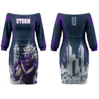 Personalised Sharks Rugby Couples Matching Off The Shoulder Long Sleeve Dress and Long Sleeve Button Shirt Storm Monster Mascot City Skyline 3D Graphic