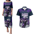 Personalised Sharks Rugby Couples Matching Puletasi and Hawaiian Shirt Storm Monster Mascot City Skyline 3D Graphic