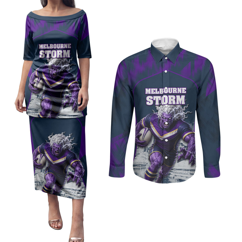 Personalised Sharks Rugby Couples Matching Puletasi and Long Sleeve Button Shirt Storm Monster Mascot City Skyline 3D Graphic