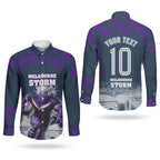 Personalised Sharks Rugby Couples Matching Puletasi and Long Sleeve Button Shirt Storm Monster Mascot City Skyline 3D Graphic