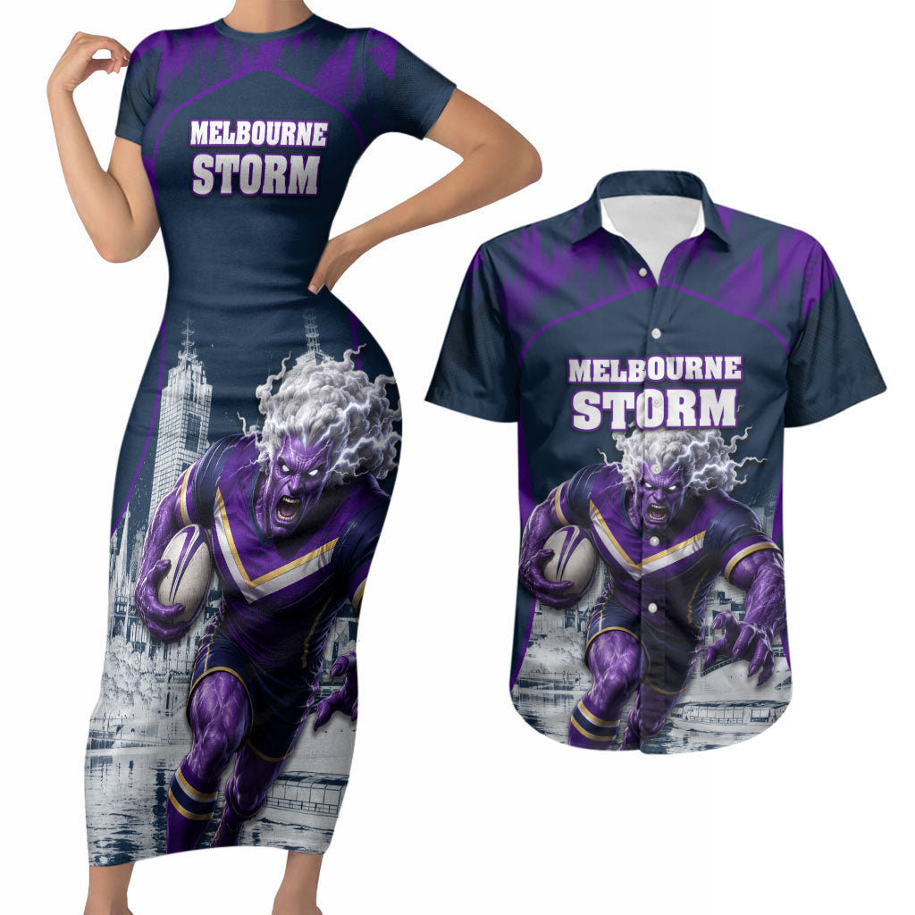 Personalised Sharks Rugby Couples Matching Short Sleeve Bodycon Dress and Hawaiian Shirt Storm Monster Mascot City Skyline 3D Graphic
