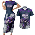 Personalised Sharks Rugby Couples Matching Short Sleeve Bodycon Dress and Hawaiian Shirt Storm Monster Mascot City Skyline 3D Graphic