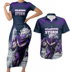 Personalised Sharks Rugby Couples Matching Short Sleeve Bodycon Dress and Hawaiian Shirt Storm Monster Mascot City Skyline 3D Graphic