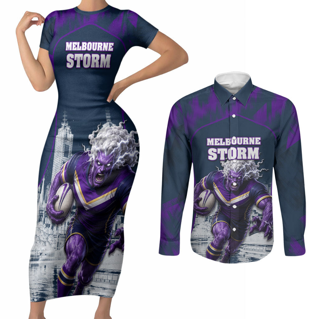 Personalised Sharks Rugby Couples Matching Short Sleeve Bodycon Dress and Long Sleeve Button Shirt Storm Monster Mascot City Skyline 3D Graphic
