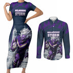 Personalised Sharks Rugby Couples Matching Short Sleeve Bodycon Dress and Long Sleeve Button Shirt Storm Monster Mascot City Skyline 3D Graphic