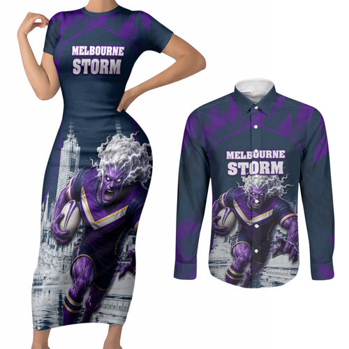 Personalised Sharks Rugby Couples Matching Short Sleeve Bodycon Dress and Long Sleeve Button Shirt Storm Monster Mascot City Skyline 3D Graphic