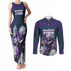 Personalised Sharks Rugby Couples Matching Tank Maxi Dress and Long Sleeve Button Shirt Storm Monster Mascot City Skyline 3D Graphic
