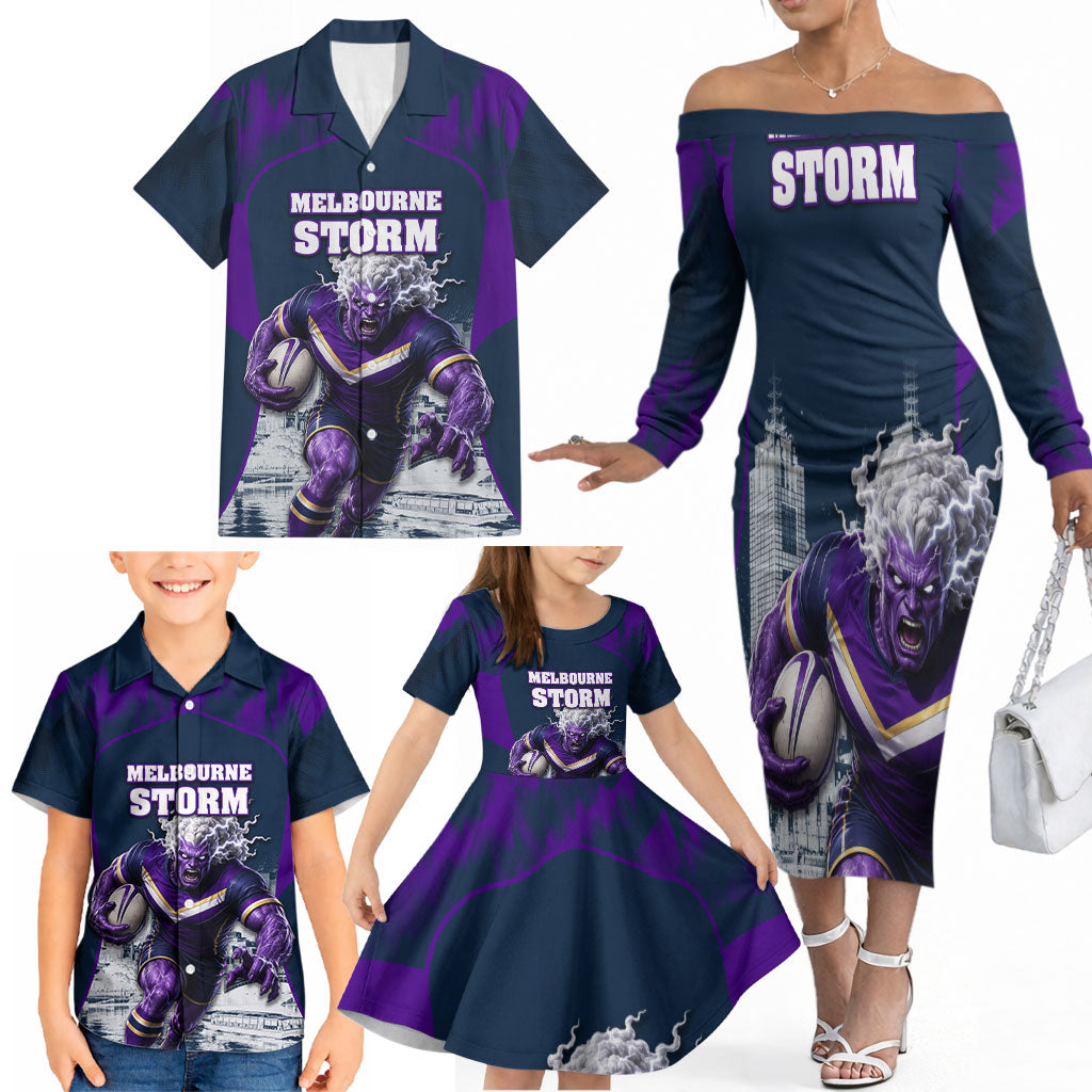 Personalised Sharks Rugby Family Matching Off The Shoulder Long Sleeve Dress and Hawaiian Shirt Storm Monster Mascot City Skyline 3D Graphic