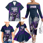 Personalised Sharks Rugby Family Matching Off The Shoulder Long Sleeve Dress and Hawaiian Shirt Storm Monster Mascot City Skyline 3D Graphic
