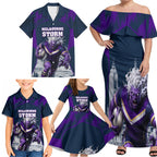 Personalised Sharks Rugby Family Matching Off Shoulder Maxi Dress and Hawaiian Shirt Storm Monster Mascot City Skyline 3D Graphic