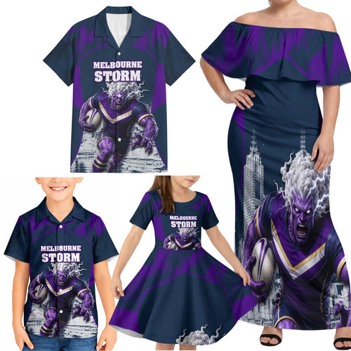 Personalised Sharks Rugby Family Matching Off Shoulder Maxi Dress and Hawaiian Shirt Storm Monster Mascot City Skyline 3D Graphic