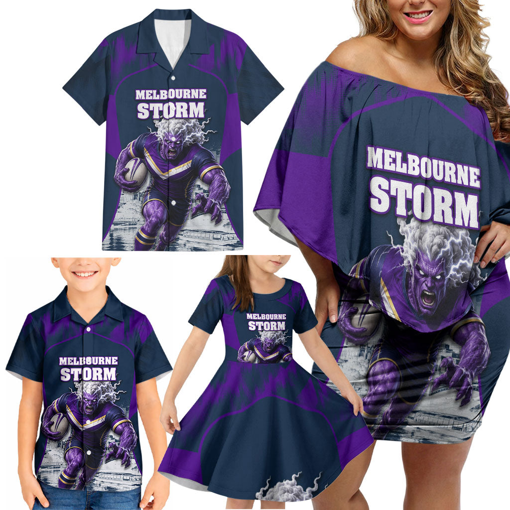 Personalised Sharks Rugby Family Matching Off Shoulder Short Dress and Hawaiian Shirt Storm Monster Mascot City Skyline 3D Graphic