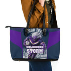Personalised Sharks Rugby Leather Tote Bag Storm Monster Mascot City Skyline 3D Graphic
