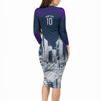 Personalised Sharks Rugby Long Sleeve Bodycon Dress Storm Monster Mascot City Skyline 3D Graphic