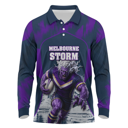Personalised Sharks Rugby Long Sleeve Polo Shirt Storm Monster Mascot City Skyline 3D Graphic