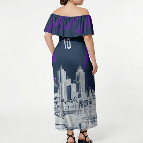 Personalised Sharks Rugby Off Shoulder Maxi Dress Storm Monster Mascot City Skyline 3D Graphic