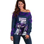 Personalised Sharks Rugby Off Shoulder Sweater Storm Monster Mascot City Skyline 3D Graphic