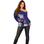 Personalised Sharks Rugby Off Shoulder Sweater Storm Monster Mascot City Skyline 3D Graphic