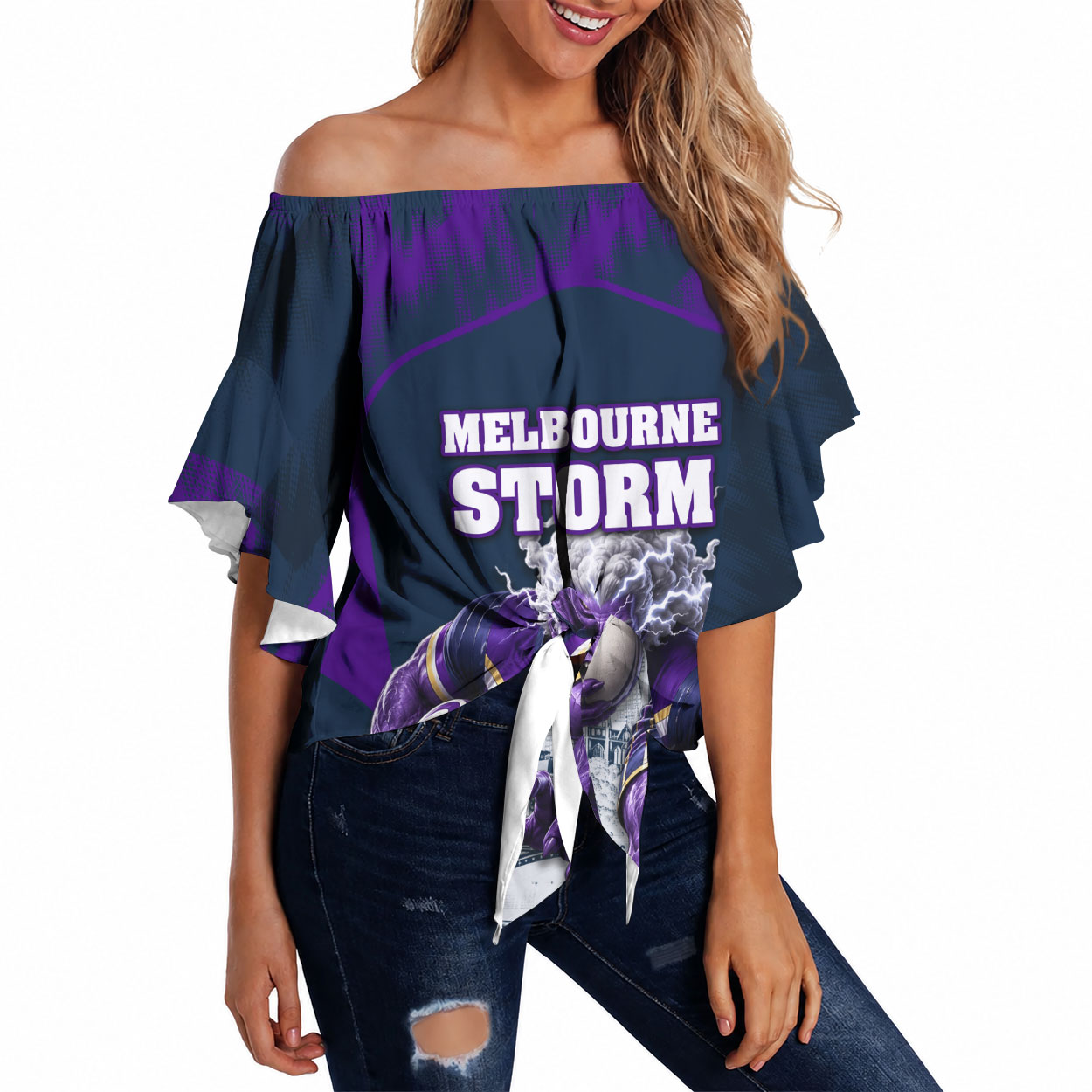 Personalised Sharks Rugby Off Shoulder Wrap Waist Top Storm Monster Mascot City Skyline 3D Graphic