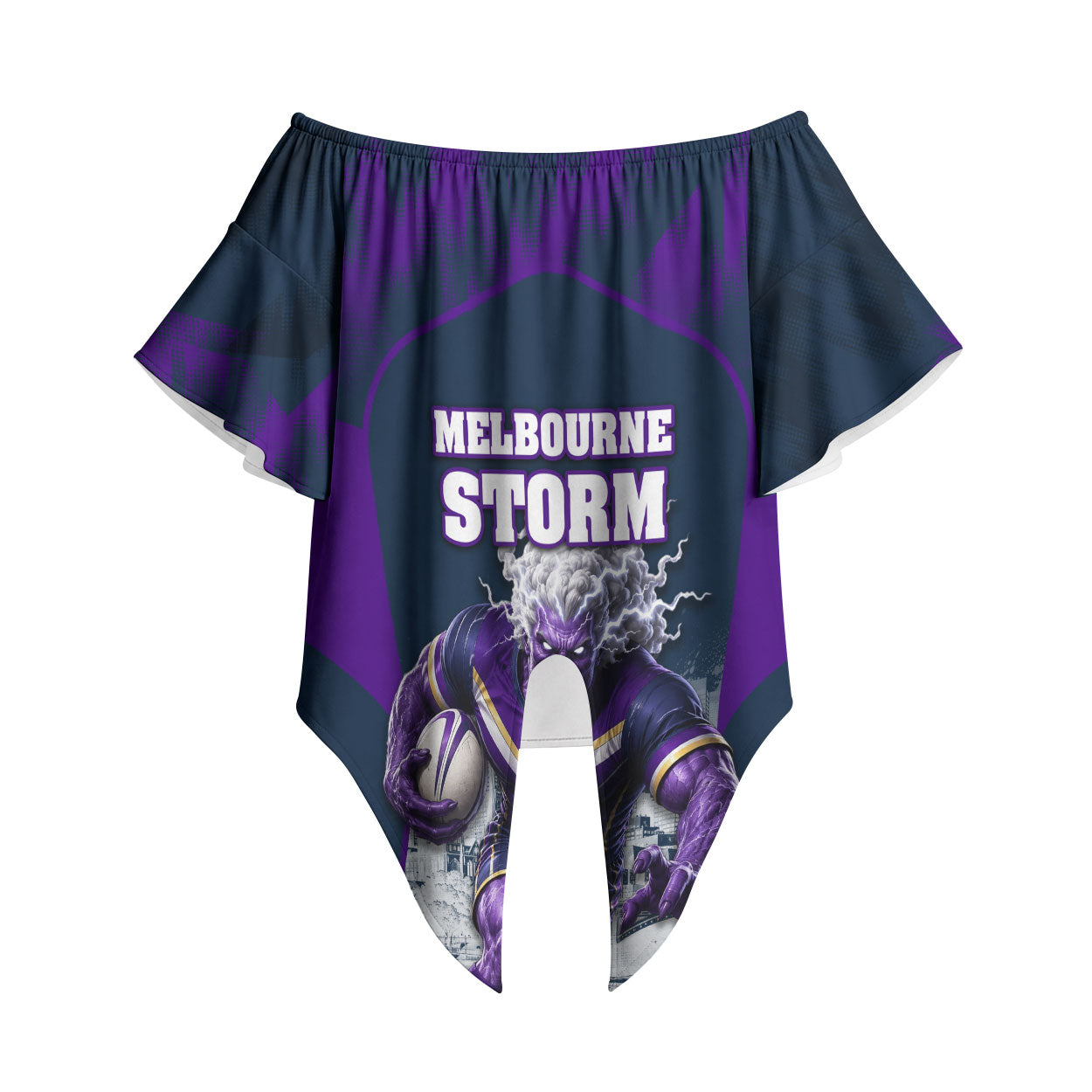 Personalised Sharks Rugby Off Shoulder Wrap Waist Top Storm Monster Mascot City Skyline 3D Graphic