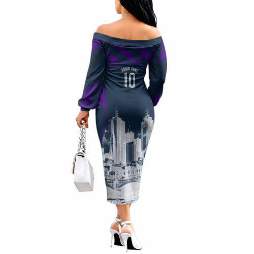 Personalised Sharks Rugby Off The Shoulder Long Sleeve Dress Storm Monster Mascot City Skyline 3D Graphic