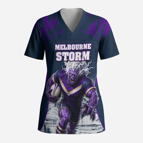 Personalised Sharks Rugby Scrub Top Storm Monster Mascot City Skyline 3D Graphic