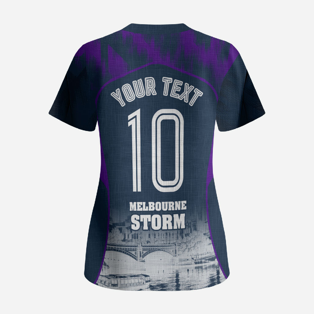 Personalised Sharks Rugby Scrub Top Storm Monster Mascot City Skyline 3D Graphic