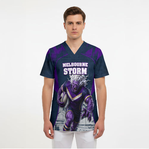 Personalised Sharks Rugby Scrub Top Storm Monster Mascot City Skyline 3D Graphic